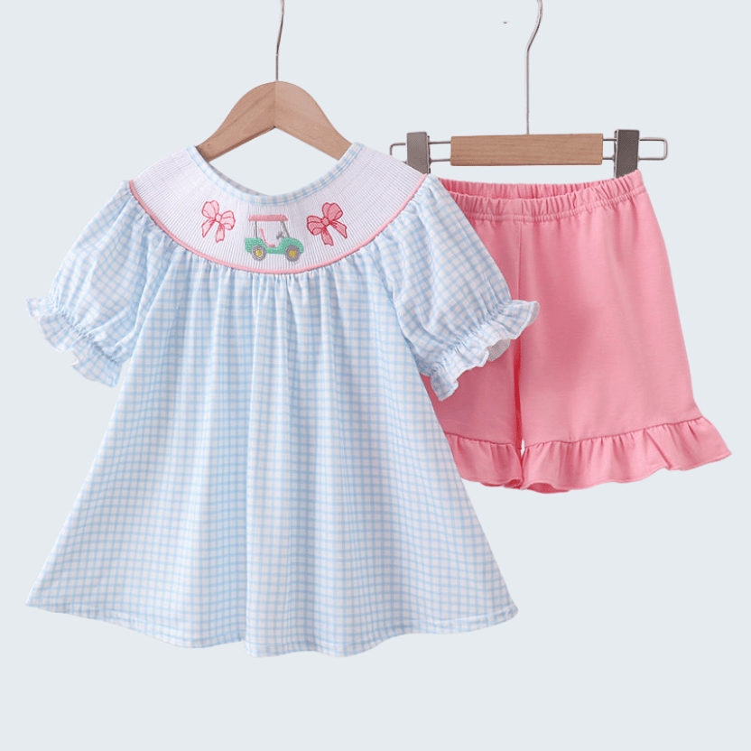 Blue Golf Cart Smocked Ruffle Shorts Set