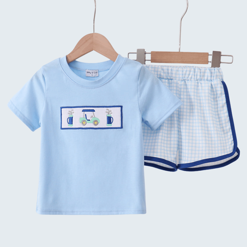 Blue Golf Cart Smocked Shorts Set