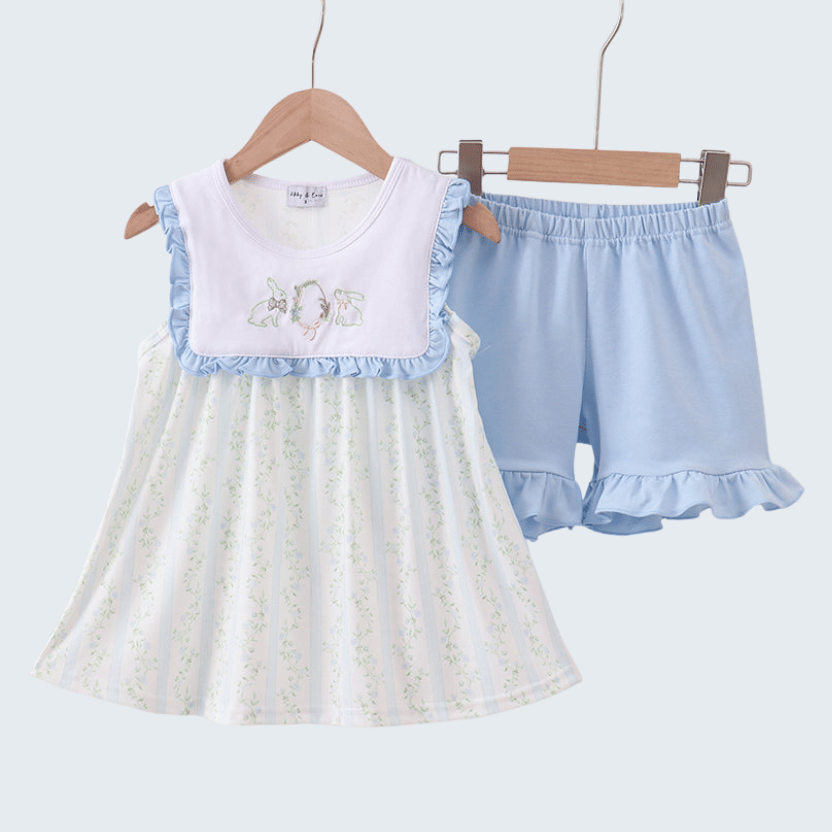 Floral Bunny Embroidered Ruffle Shorts Set