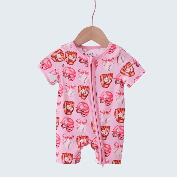 Pink Bow Baseball Bamboo Romper