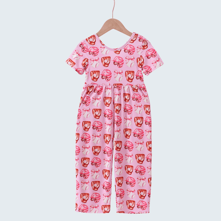Pink Bow Baseball Bamboo Jumpsuit