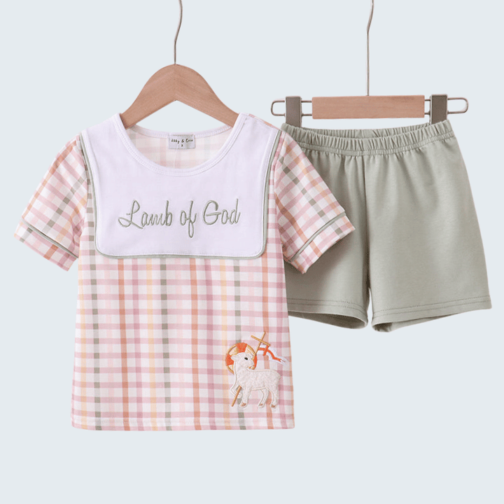 Lamb Of God Applique Plaid Shorts Set