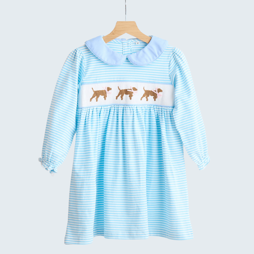 Blue Puppy Hand Smocked Stripe Dress