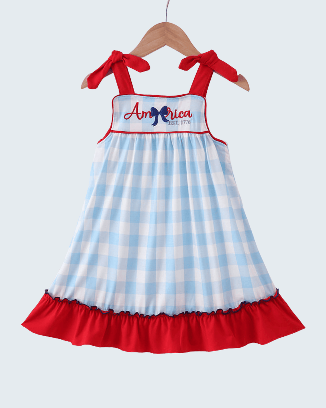 America Embroidered Gingham Ruffle Dress
