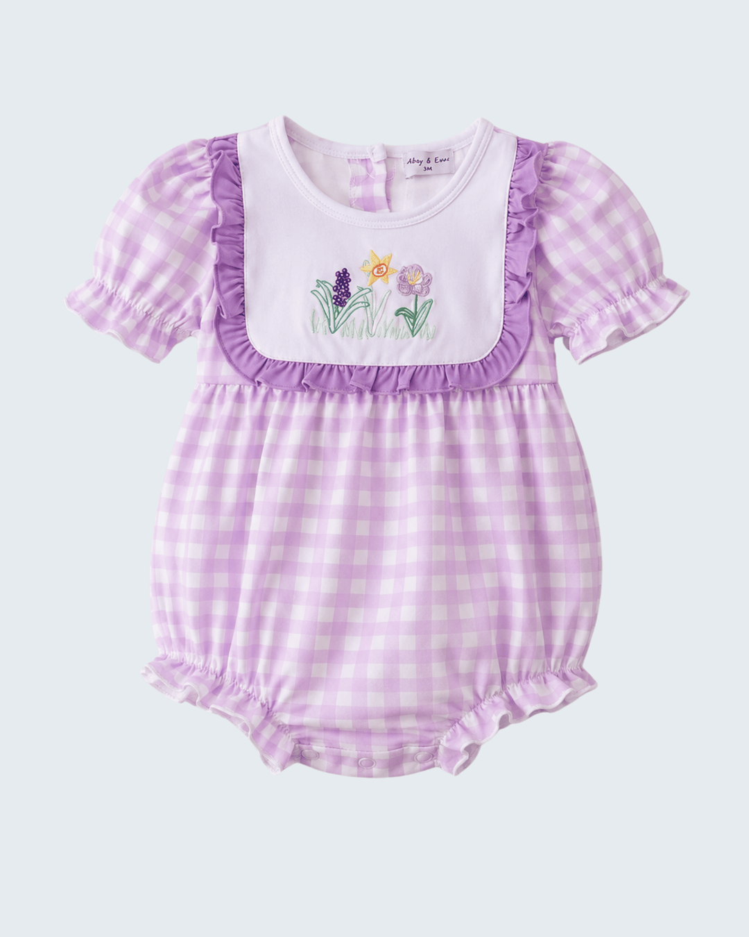 Purple Floral Embroidered Gingham Ruffle Bubble
