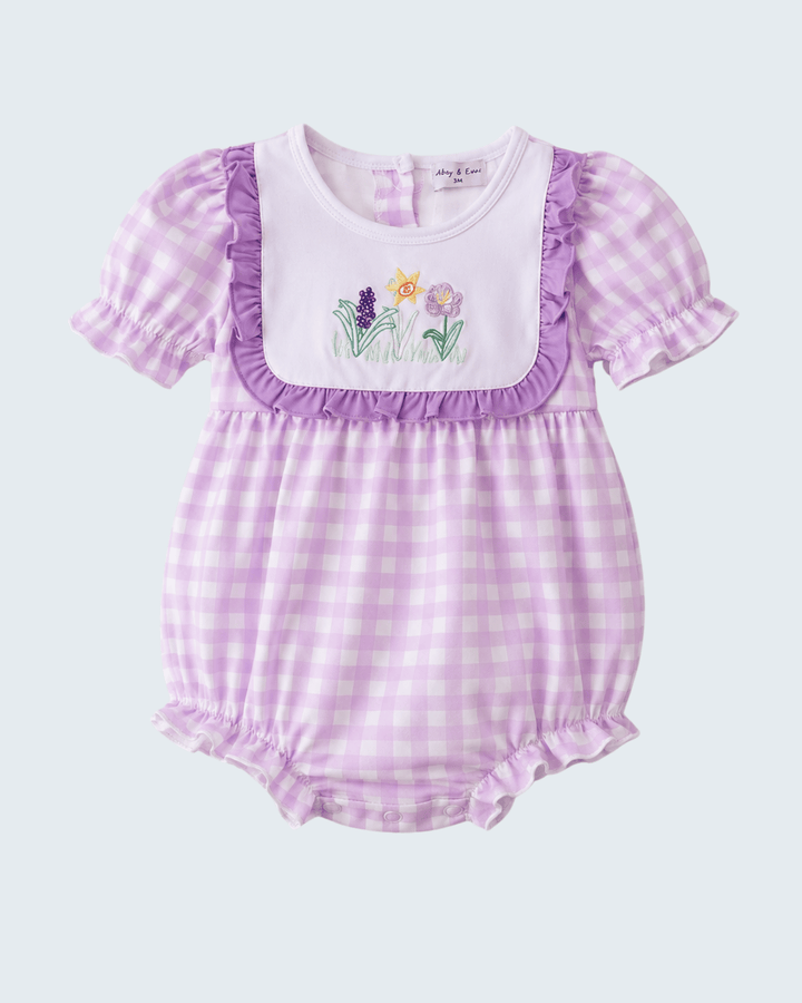 Purple Floral Embroidered Gingham Ruffle Bubble