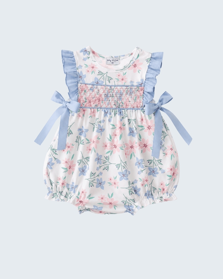 Blue Floral Smocked Ruffle Bubble