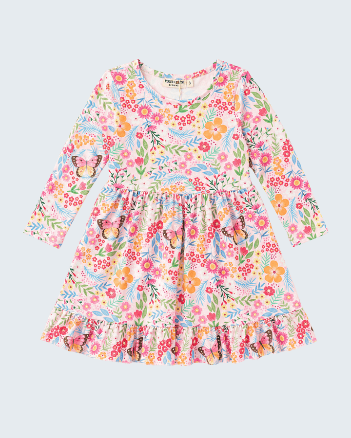 Butterfly Floral Print Ruffle Hem Twirl Dress