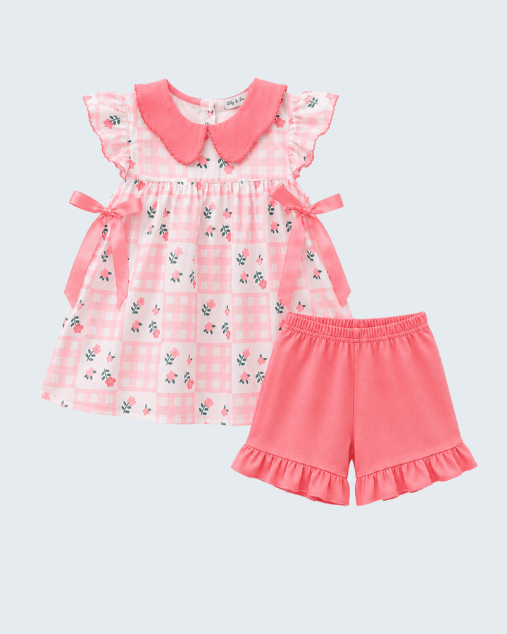 Pink Floral Gingham Ruffle Shorts Set