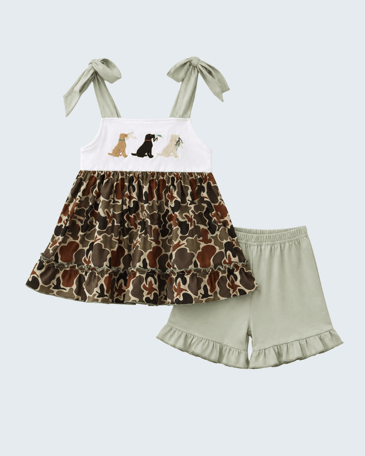 Camo Hunting Embroidered Ruffle Shorts Set