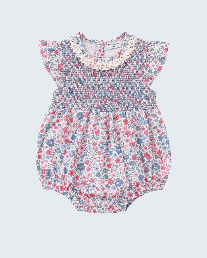 Blue Floral Smocked Ruffle Bubble