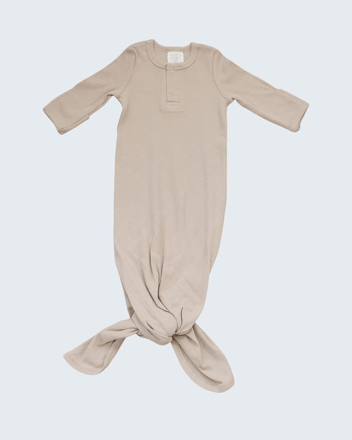 Beige long sleeve ribbed cotton gown with front knot and fold-over foot cuffs