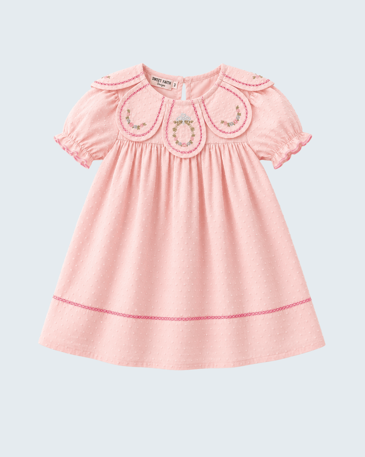 Blush pink embroidered petal-collar dress with short sleeves and gathered skirt