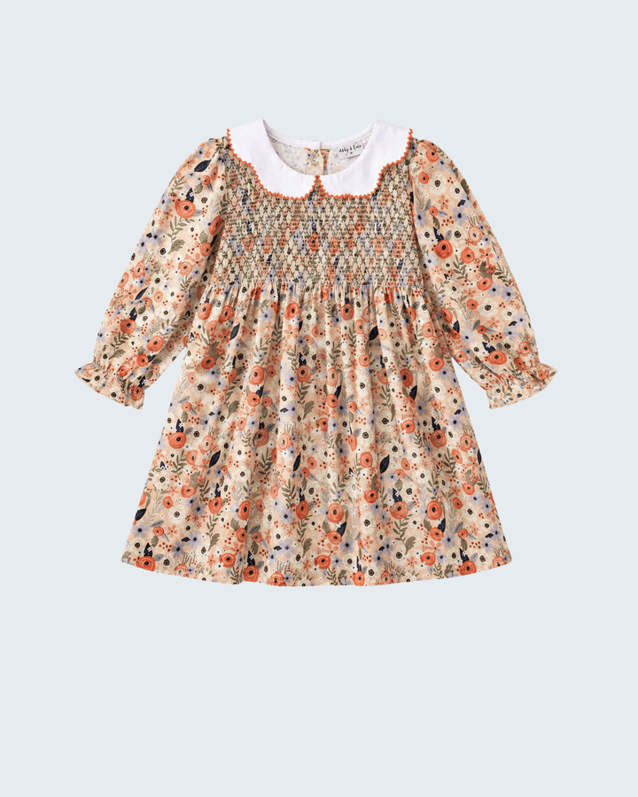 Coral Floral Smocked Long Sleeve Dress