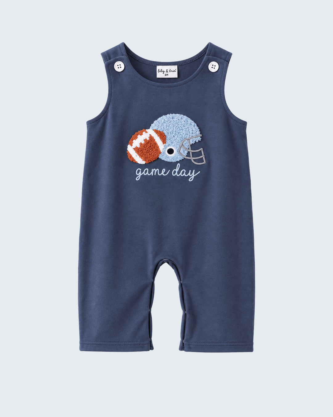 Navy football game day romper with light blue helmet applique and white buttons