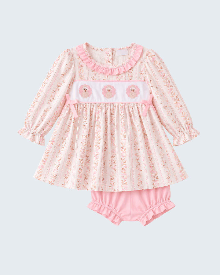 Pink floral long-sleeve dress with ruffle panel and matching pink bloomer shorts