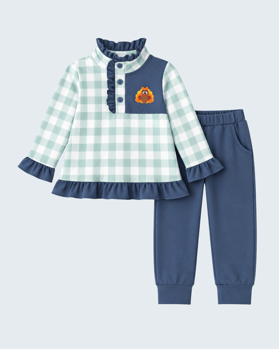 Sage Turkey Embroidered Gingham Ruffle Jogger Set
