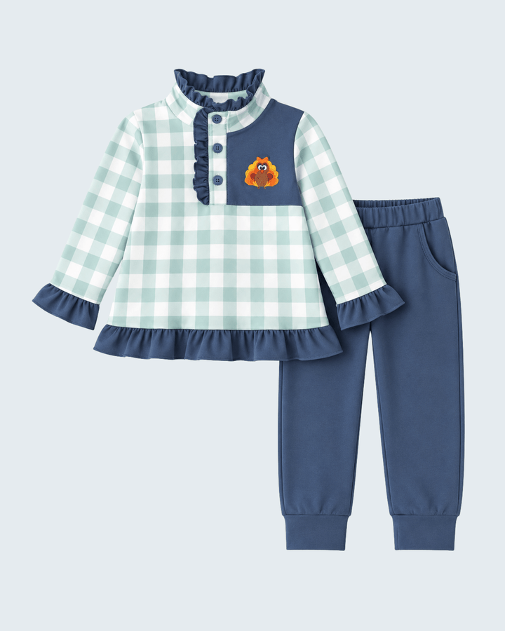 Sage Turkey Embroidered Gingham Ruffle Jogger Set