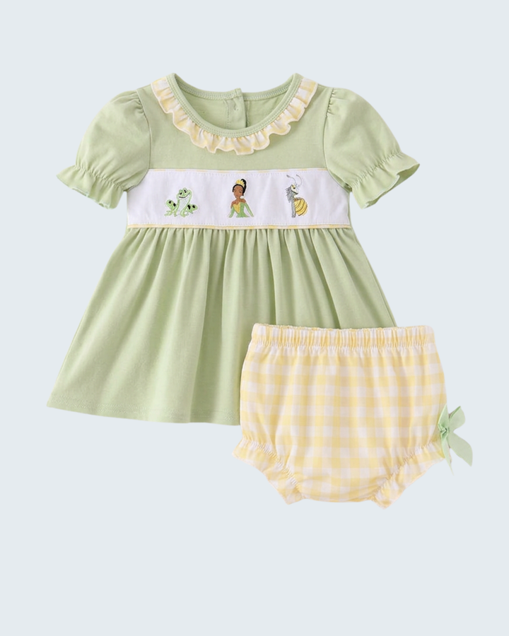 Green ruffle-collar dress with frog embroidery and yellow gingham ruffle bloomer set
