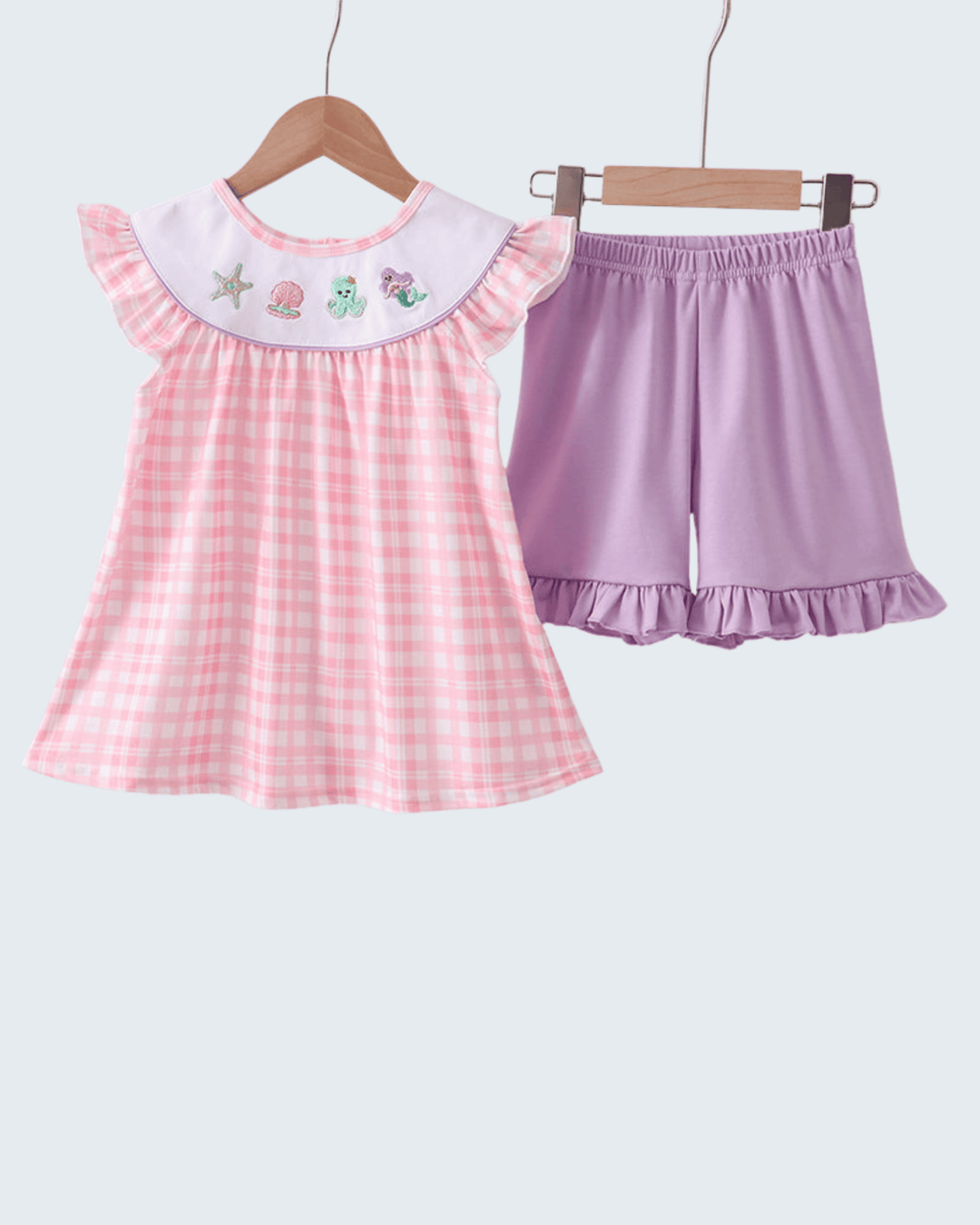 Octopus Starfish Embroidered Plaid Ruffle Shorts Set