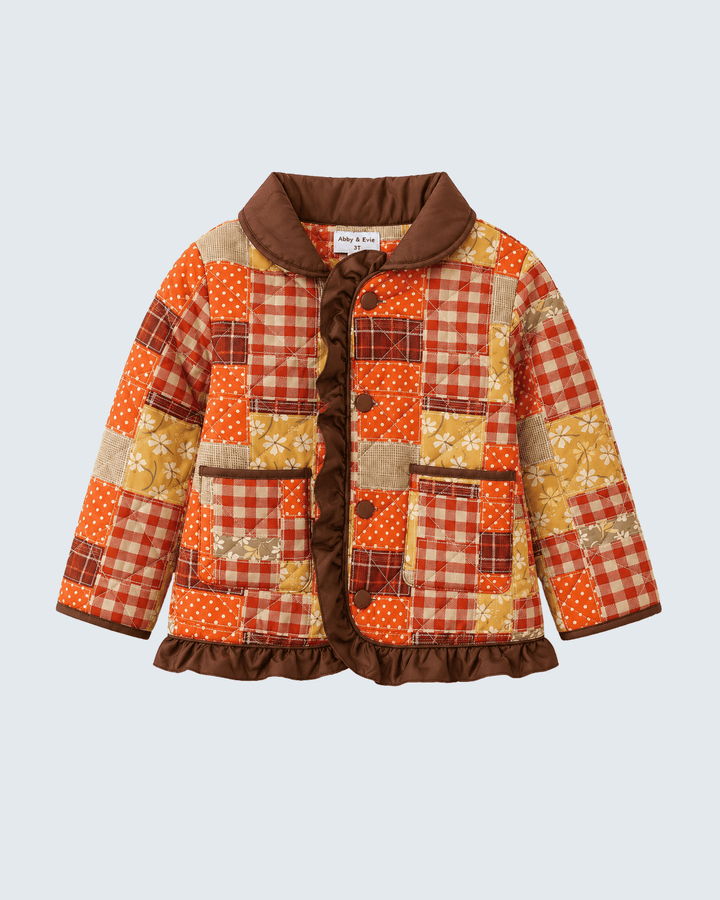 Orange and brown patchwork floral ruffle puffer jacket, button front