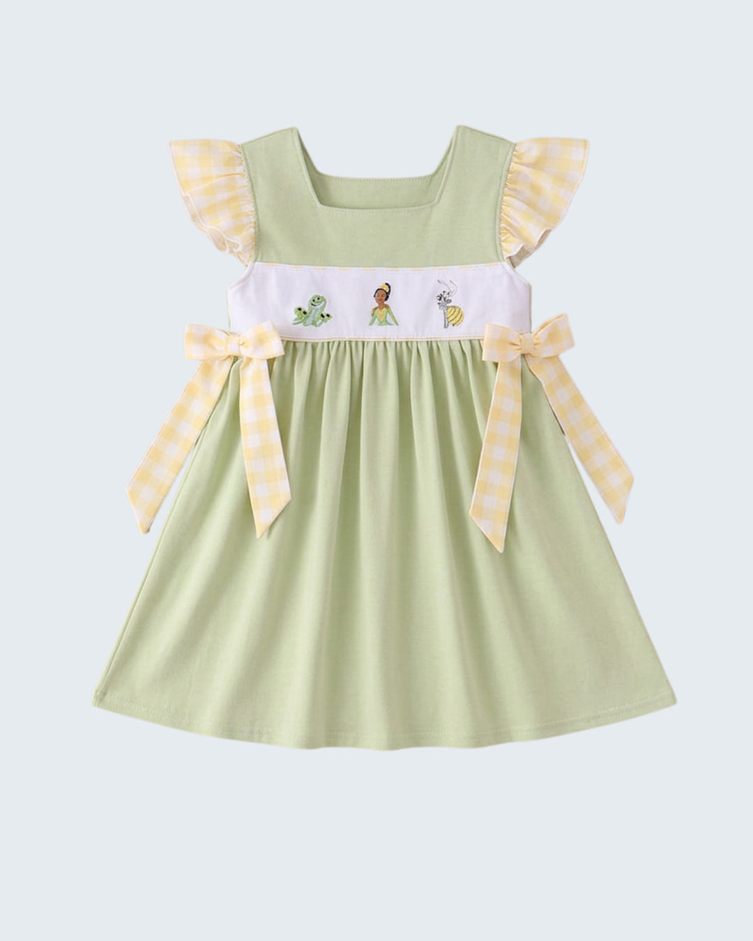 Light green embroidered ruffle dress with gingham puff sleeves and frog applique