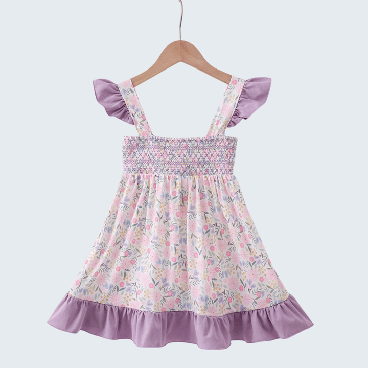 Purple Floral Smocked Ruffle Dress