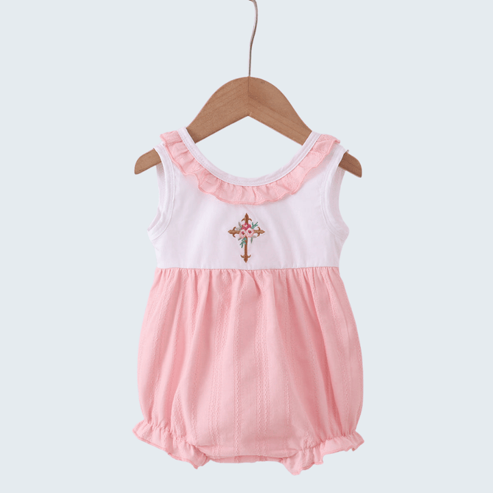 Pink Cross Jacquard Embroidery Ruffle Bubble