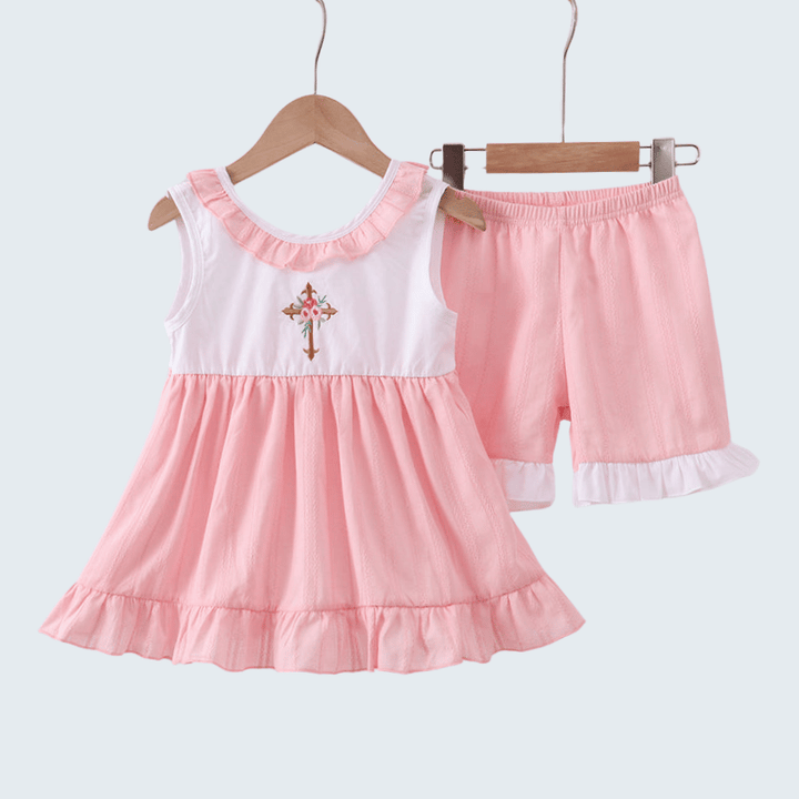 Pink Cross Jacquard Embroidered Shorts Set