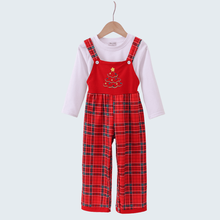 Red Tree Embroidery Plaid Jumpsuit Set