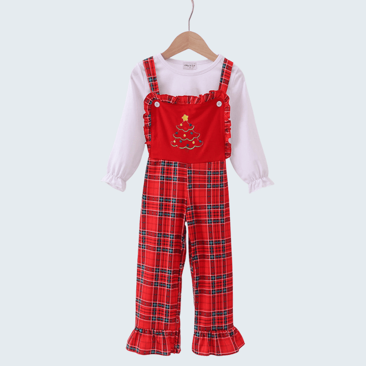 Red Tree Embroidered Plaid Ruffle Jumpsuit Set