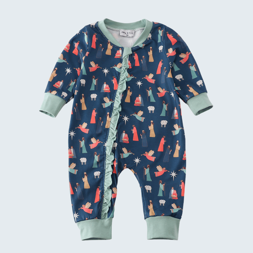 Navy Nativity Print Ruffle Romper
