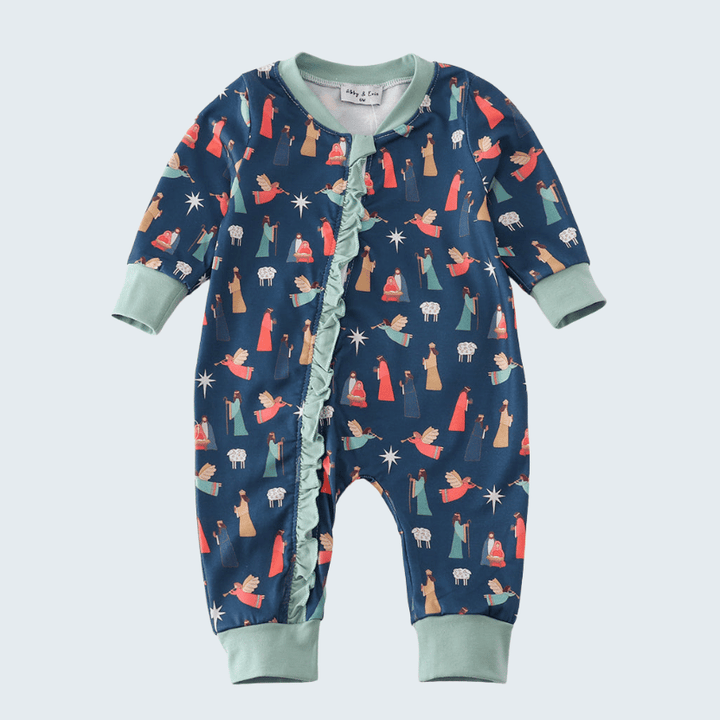 Navy Nativity Print Ruffle Romper