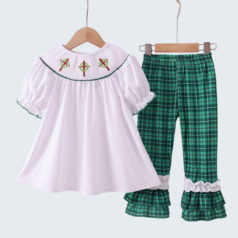 White Wreath Smocked Ruffle Pants Set