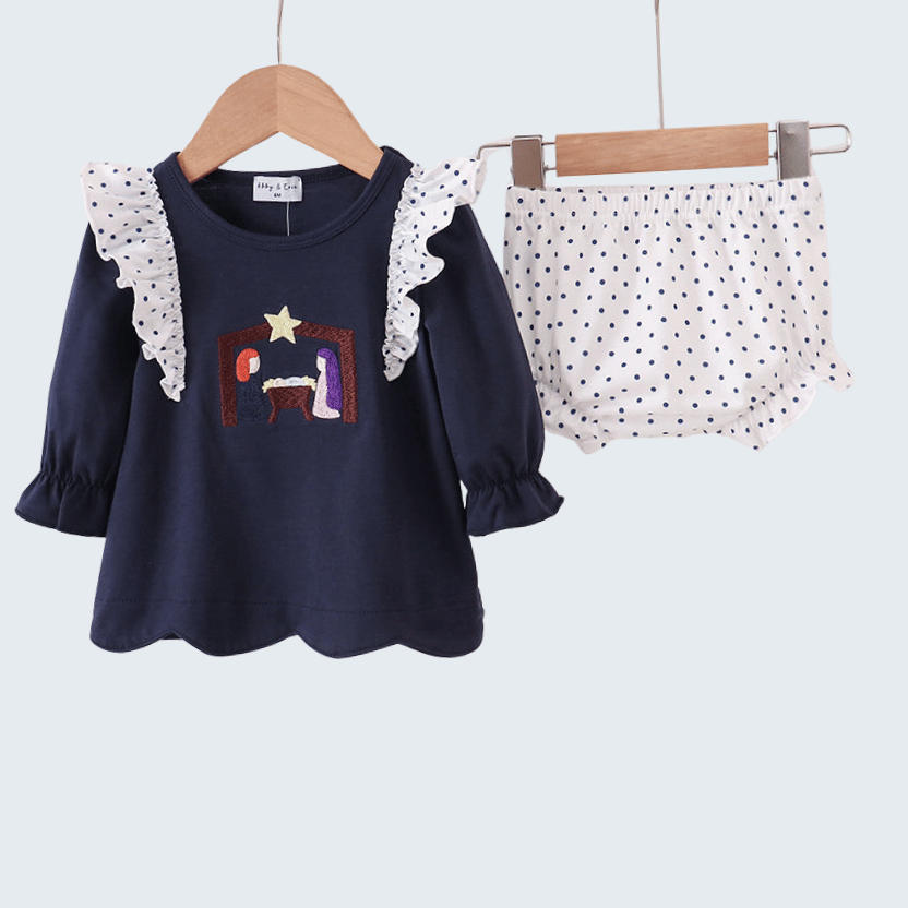 Navy Nativity Embroidered Ruffle Bloomer Set
