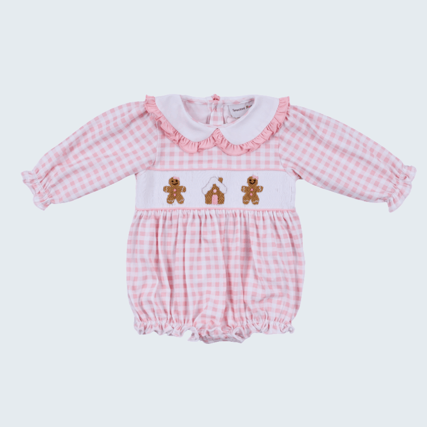 Pink Gingerbread Hand Smocked Gingham Ruffle Bubble