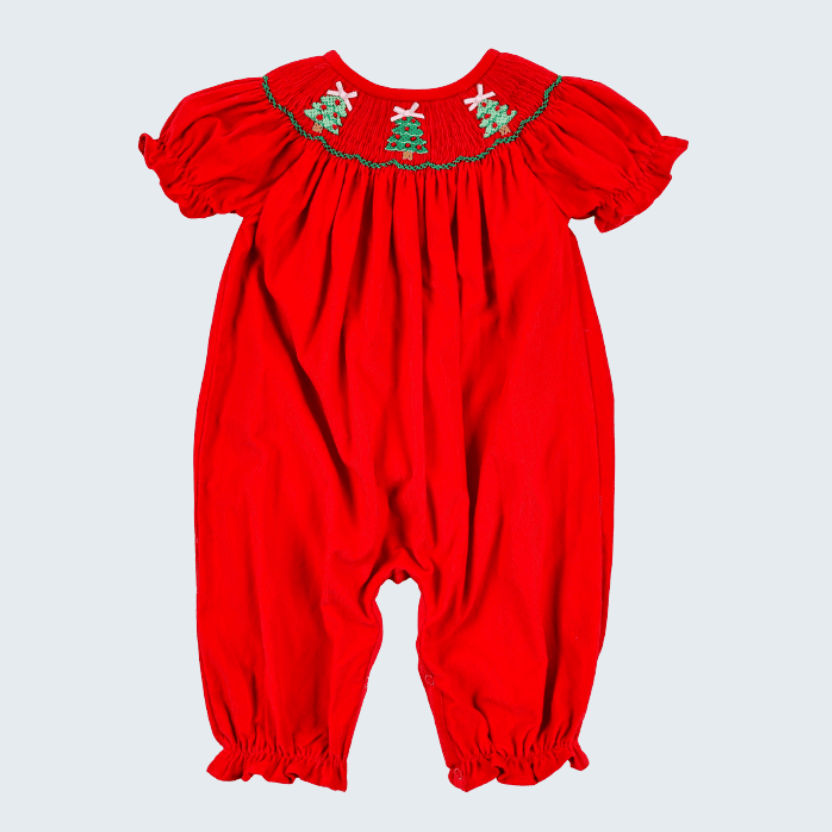 Red Christmas Tree Hand Smocked Romper