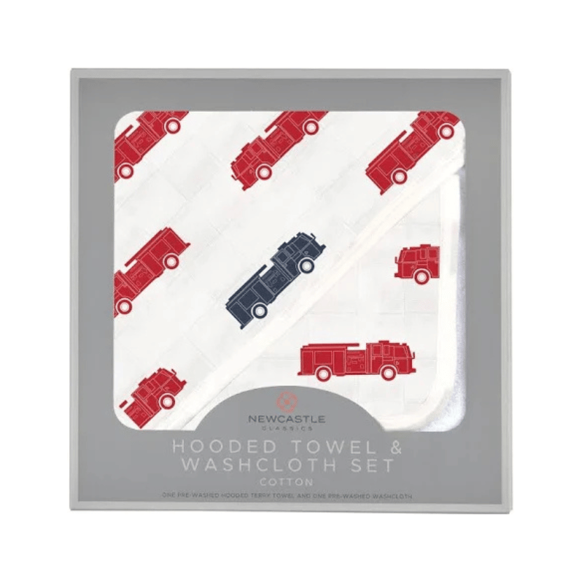 Blue and Red Fire Trucks Hooded Towel and Washcloth Set
