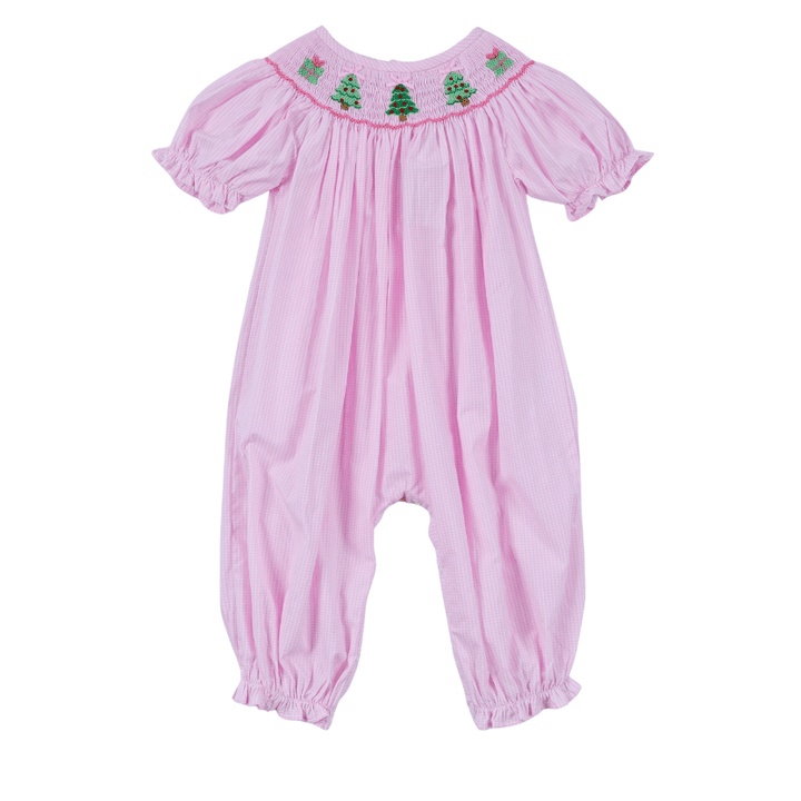 Pink Christmas Tree Hand Smocked Ruffle Romper