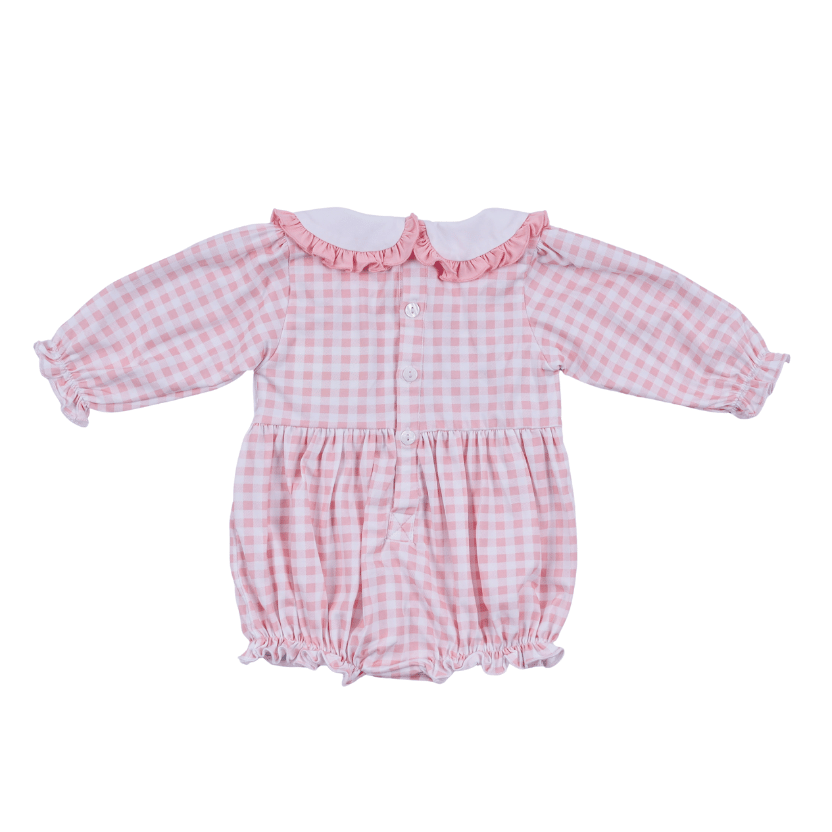 Pink Gingerbread Hand Smocked Gingham Ruffle Bubble