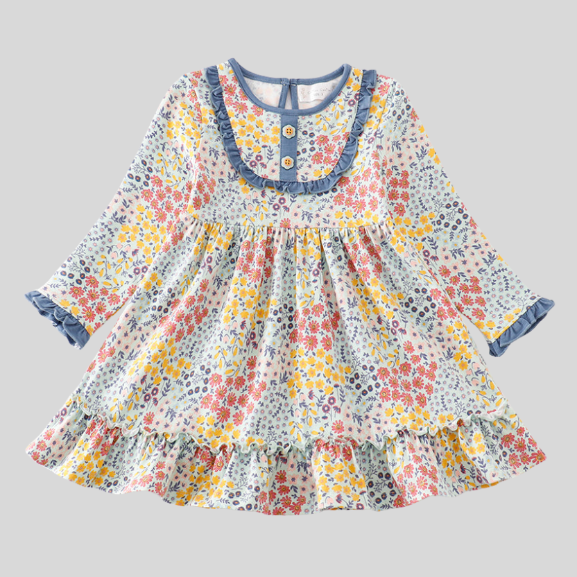 Blue Floral Print Ruffle Dress