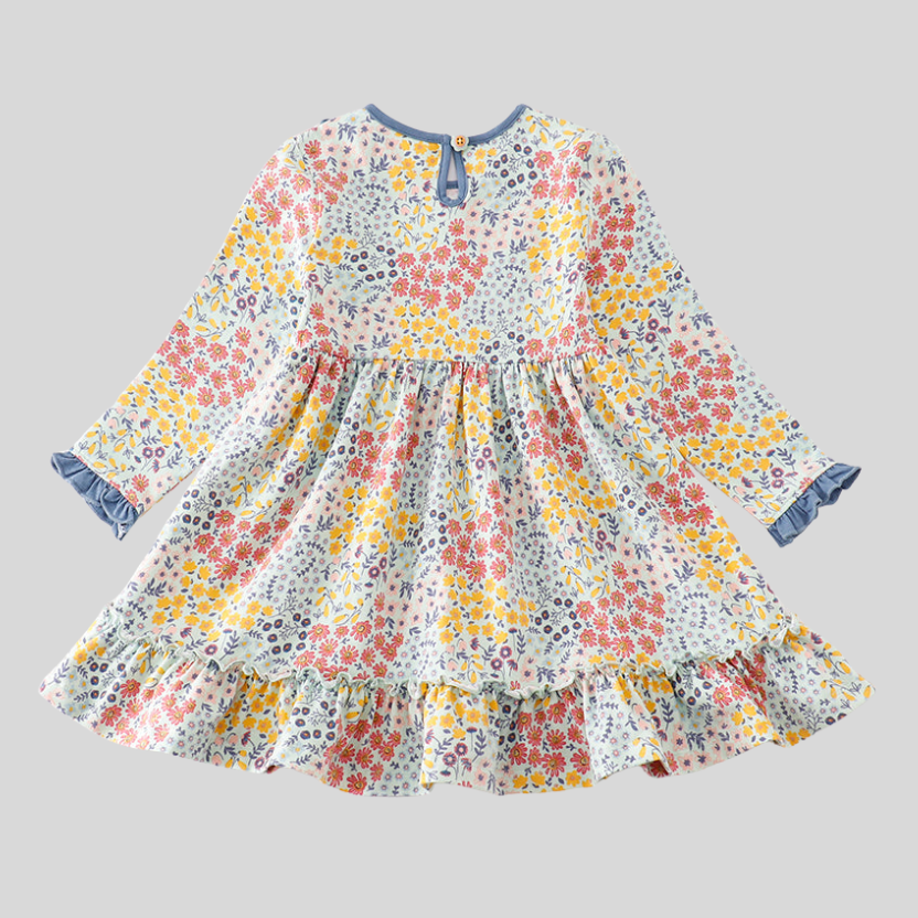 Blue Floral Print Ruffle Dress