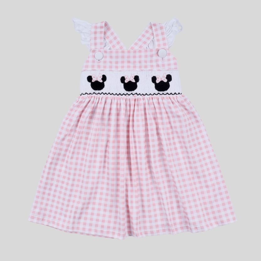 Pink Hand Smocked Gingham Ruffle Dress