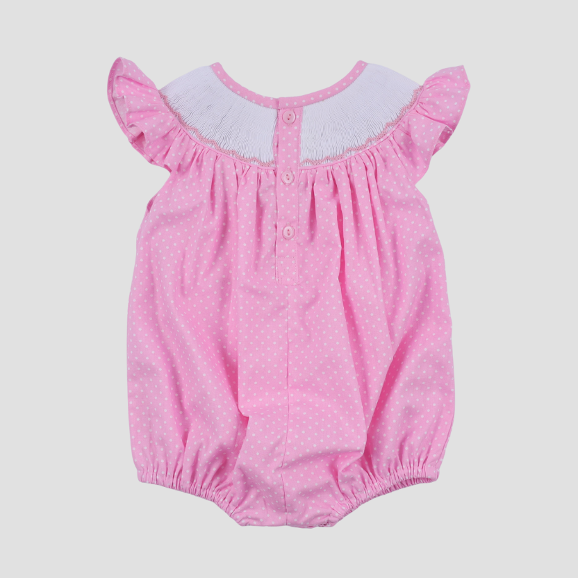 Pink Hand Smocked Dot Ruffle Bubble