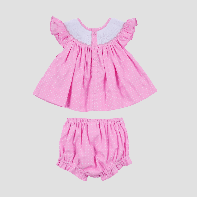 Pink Hand Smocked Dot Ruffle Bloomer Set