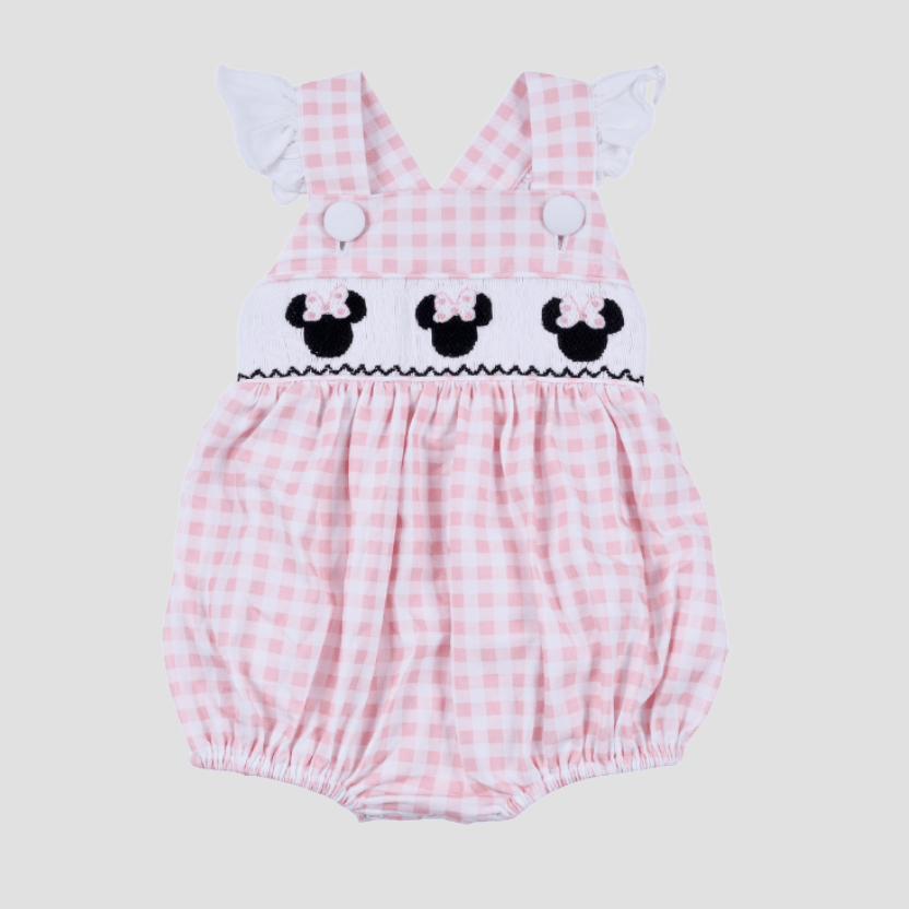 Pink Hand Smocked Gingham Ruffle Bubble