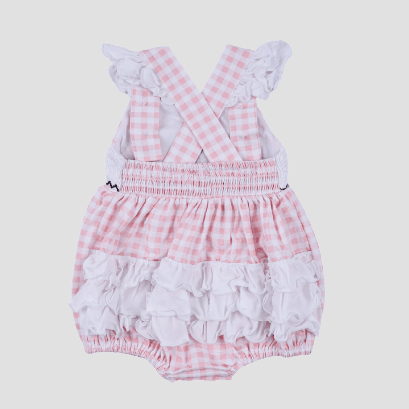 Pink Hand Smocked Gingham Ruffle Bubble