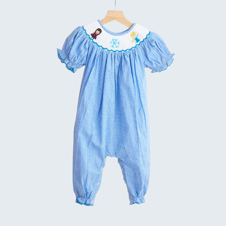 Blue Snow Princess Hand Smocked Gingham Romper