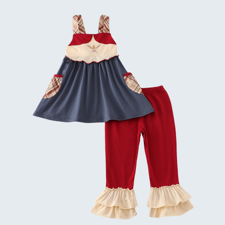 Wheat Embroidered Ruffle Pants Set