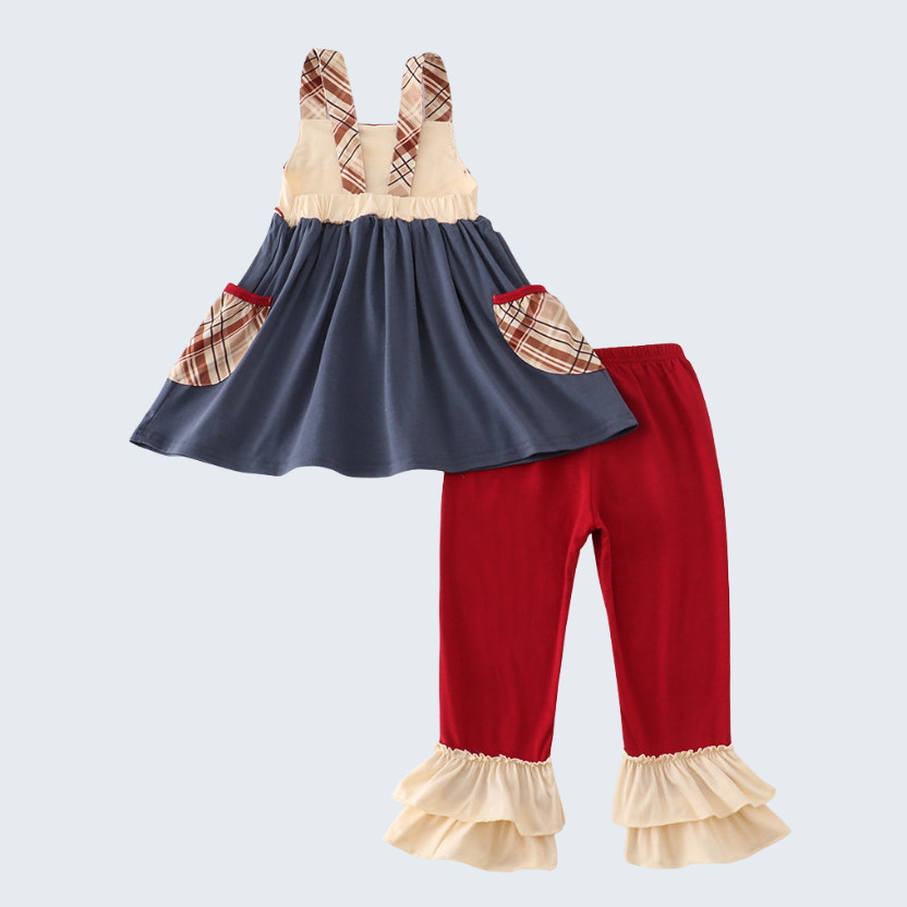 Wheat Embroidered Ruffle Pants Set